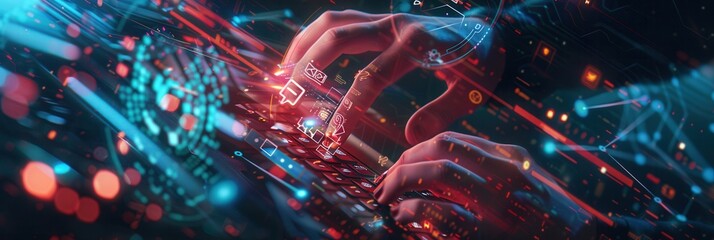 Poster - A hacker focuses intently while typing on a keyboard, illuminated by vibrant digital symbols and codes swirling around. Generative AI