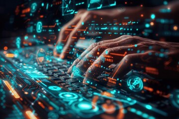 Aufkleber - Hands engage with a keyboard as digital symbols and codes overlay, illustrating a focused hacking activity in a dark environment. Generative AI