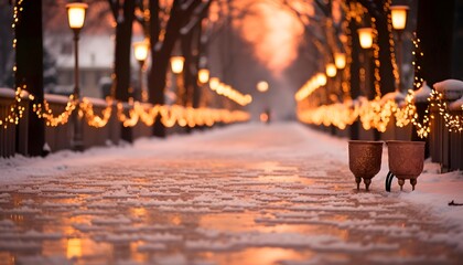 Wall Mural - Winter city street at night with lanterns and snowfall. Christmas background.