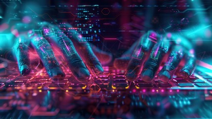 Aufkleber - Hacker types intently on a keyboard as digital symbols and codes cascade in vibrant colors, creating an immersive cyber environment. Generative AI
