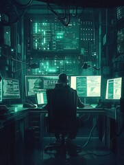 Poster - A hacker immersed in work at a desk with multiple computer screens in a dimly lit room, displaying lines of code and data. Generative AI