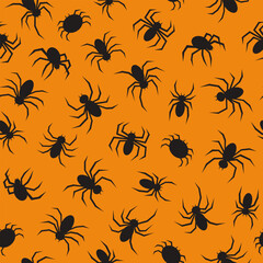 Aufkleber - Seamless pattern with black spiders on a orange background. Simple minimal vector print with spiders theme for halloween	