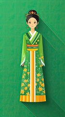 Canvas Print - Elegant Woman in Traditional Green Dress Illustration