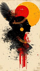 Sticker - Artistic Silhouette of a Woman with Sun and Feathers