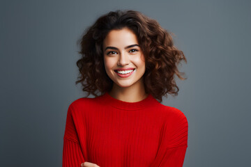 Wall Mural - beautiful female model wearing red sweater smiling looking into the camera on grey background, portrait of a woman