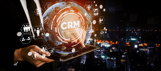 Wall Mural - CRM Customer Relationship Management for business sales marketing system concept presented in futuristic graphic interface of service application to support CRM database analysis. uds