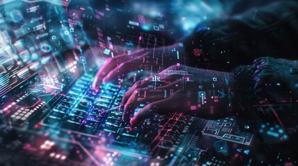 Aufkleber - Hands rapidly type on a keyboard, immersed in a world of digital codes and symbols, highlighting the activity of hacking in a tech-driven space. Generative AI