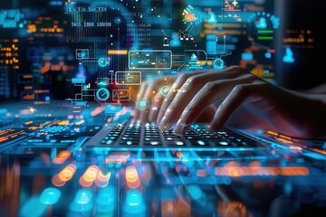 Aufkleber - Hands are rapidly typing on a keyboard, immersed in a world of digital symbols and codes, representing the intensity of hacking activities. Generative AI