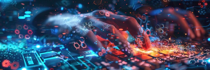Leinwandbilder - Hacker's hands are rapidly typing on a keyboard, immersed in a swirl of digital symbols and codes reflecting a high-tech atmosphere. Generative AI