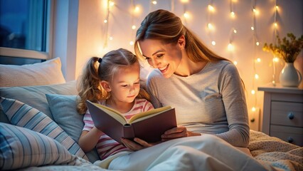 Before go to night or daytime sleep mother reading to daughter fairytale, kid enjoy storytelling lying with mommy in bed feels comfortable, good pastime develop reader skill, have fun at home concept