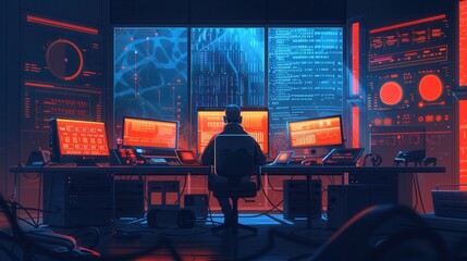 Aufkleber - A hacker sits at a desk, engulfed in the glow of multiple computer screens, deeply focused on cybersecurity tasks within a dimly lit room. Generative AI