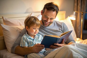 Before go to night or daytime sleep father reading to son fairytale, kid enjoy storytelling lying with daddy in bed feels comfortable, good pastime develop reader skill, have fun at home concept