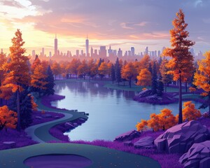 Wall Mural - Stunning autumn forest landscape with lake reflecting sunset sky and city skyline in the background, showcasing vivid purple and orange hues