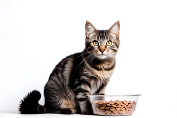 A high-resolution photo of a tabby cat with yellow eyes sitting next to a glass bowl of dry cat food, set against a white background