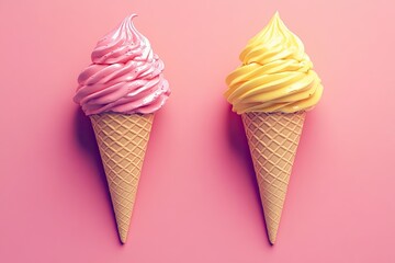 Wall Mural - Colorful Ice Cream Cones on Pink Background