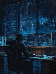 Aufkleber - A hacker works intently at a desk in a dimly lit room, analyzing data across several glowing computer screens, immersed in a world of technology. Generative AI