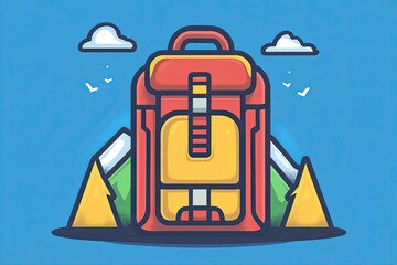 Canvas Print - Colorful Backpack with Mountains and Clouds Illustration