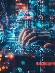 Aufkleber - A hacker’s hands move swiftly across a keyboard surrounded by vibrant digital codes and symbols, illustrating an intense moment in cyber activity. Generative AI