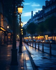 Wall Mural - Street at night in Paris, France. Panoramic view.