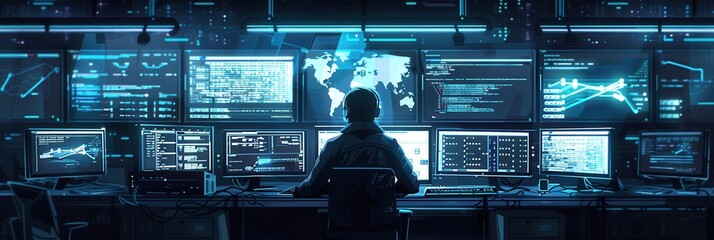 Aufkleber - A hacker is focused on multiple screens in a dimly lit room, analyzing complex data and codes late at night, immersed in the digital world. Generative AI