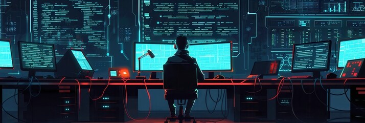 Aufkleber - A hacker engages with multiple screens, immersed in coding and security tasks in a darkened room, focused on their work during late hours. Generative AI