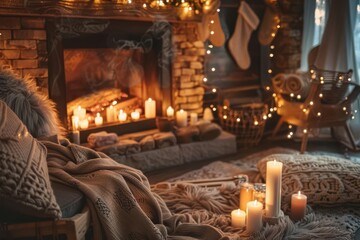 Wall Mural - cozy winter scene with warm fireplace twinkling lights and soft textures inviting atmosphere perfect for christmas relaxation