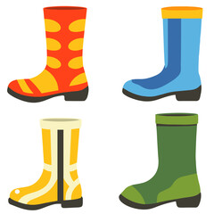 Set of colorful rubber boots. Waterproof protective footwear. Cartoon style vector illustration.