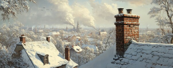 Poster - Snowy rooftop scene with chimneys and a distant view of a town