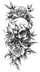 Wall Mural - A skull with roses and leaves surrounding it. Scene is dark and mysterious