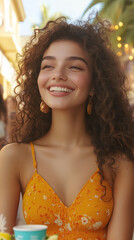 Smiling woman enjoying outdoor summer day.