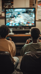 Friends playing video games together in a cozy room.