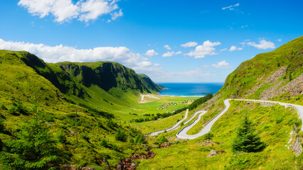 Wall Mural - panoramic view of the road and sea coast in norway. scandinavia. nature. view of a mountain valley a