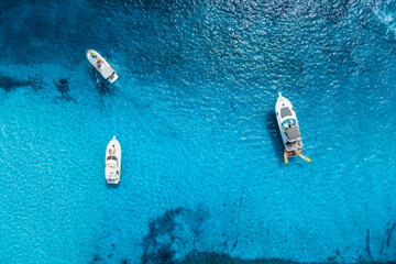 Wall Mural - vacation and holidays. drone view of a motor boats and yacht. vacationing people. summer time for se