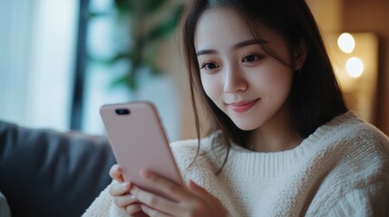 Wall Mural - Young woman smiling while looking at her phone