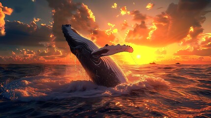 Canvas Print - A majestic humpback whale breaching the ocean surface with the sun setting in the background.