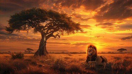 Poster - A majestic lion resting under a tree in the African savannah with a golden sunset.