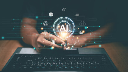 Poster - Innovative AI technology for business, Artificial Intelligence concept, Businessman use laptop and holding lightbulb with Ai and icon of financial technology and business administration.