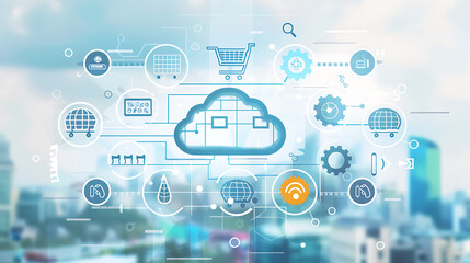 Wall Mural - a digital illustration representing the concept of cloud computing. At the center, there’s a stylized cloud symbol surrounded by various technology and internet-related icons like graphs