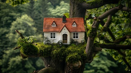 Poster - White house with brown roof with moss tree house