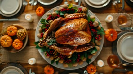 Poster - A bustling scene of a traditional Thanksgiving dinner with family and friends, a turkey centerpiece, and autumn decor 