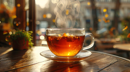 Cup of tea on the table in a cafe at sunset.