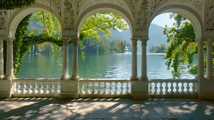 Poster - White veranda of arches on the shore of the lake