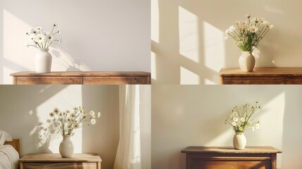 Wall Mural - A minimalist bedroom with a simple vase of white daisies on a wooden dresser.