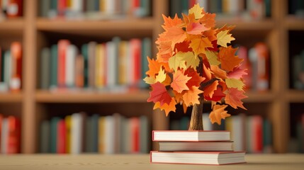 Canvas Print - Autumn tree made of stacked books, each covered in leaf patterns, in a library setting 