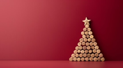 Wall Mural - Christmas tree constructed from wine corks, decorated with miniature bottles, on a burgundy to cream gradient background 