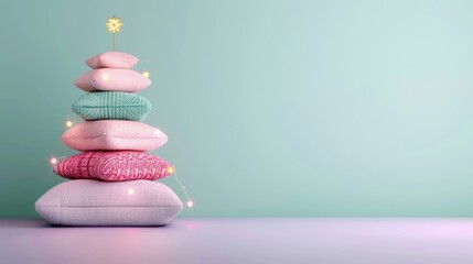 Sticker - Christmas tree created from stacked pillows, decorated with cozy blankets and fairy lights, on a lavender to mint gradient background 