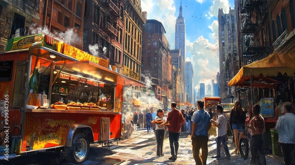 A bustling city street scene with a colorful food truck serving ...