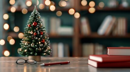 Sticker - Christmas tree featuring small books, glasses, and pens, set in a cozy library or study room 