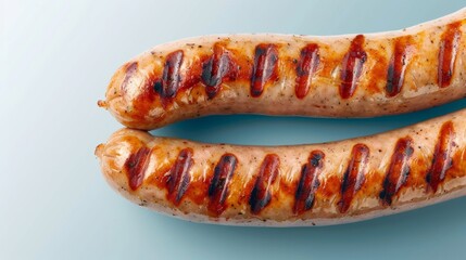 'Closeup of a grilled bratwurst, juicy and golden brown, isolated on a gradient background from white to light blue' 