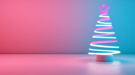 Sticker - Futuristic Christmas tree with layered neon spirals, gradient background transitioning from pink to blue 